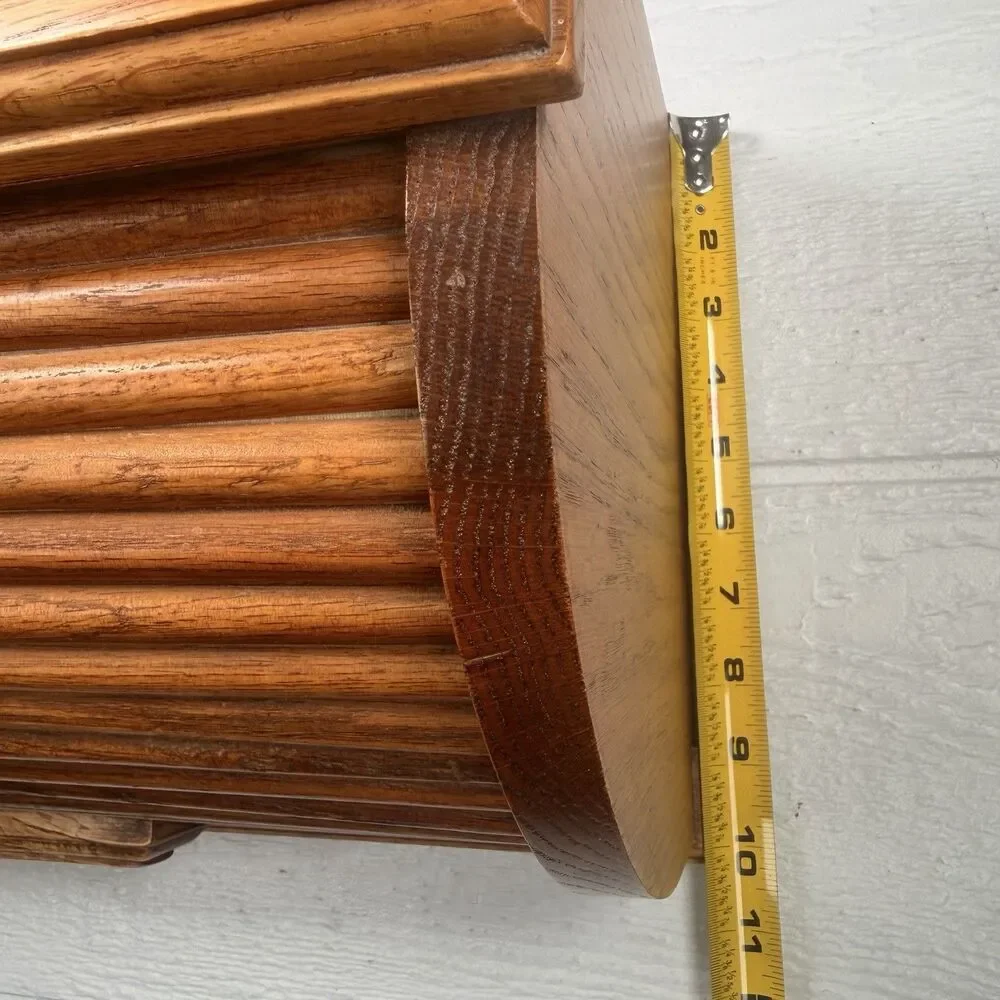 Vintage Solid Oak Roll Top Bread Box Tambour Door Farmhouse Kitchen Storage